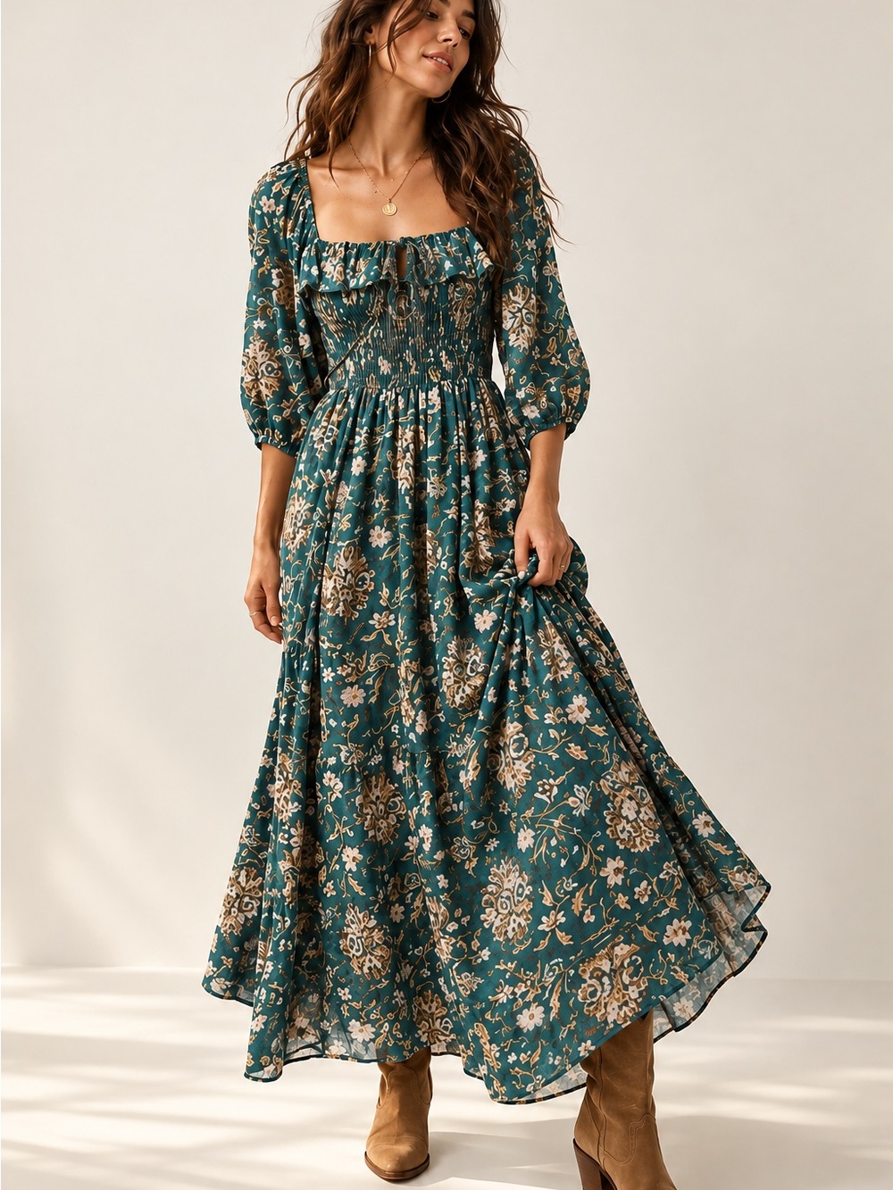 Free people Oasis Floral Smocked
Maxi Dress  XS green cottage core